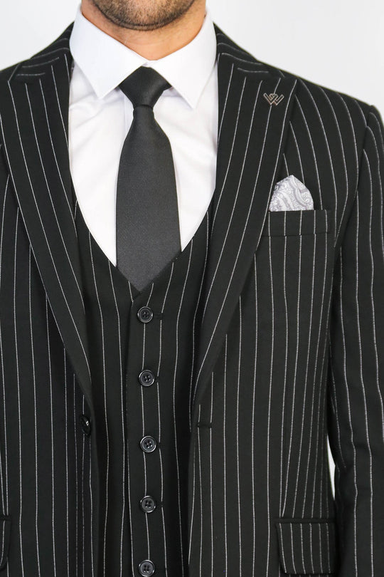 Men's Black Pinstripe 3-Piece Suit with Waistcoat