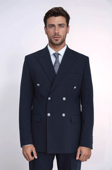 Men's Navy Double-Breasted Suit with Silver-Tone Buttons