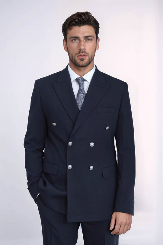 Men's Navy Double-Breasted Suit with Silver-Tone Buttons