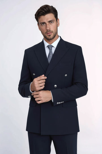 Men's Navy Double-Breasted Suit with Silver-Tone Buttons