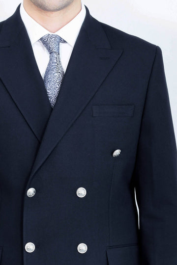 Men's Navy Double-Breasted Suit with Silver-Tone Buttons