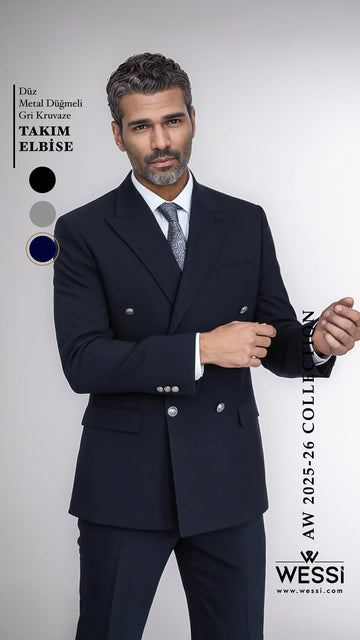 Men's Navy Double-Breasted Suit with Silver-Tone Buttons