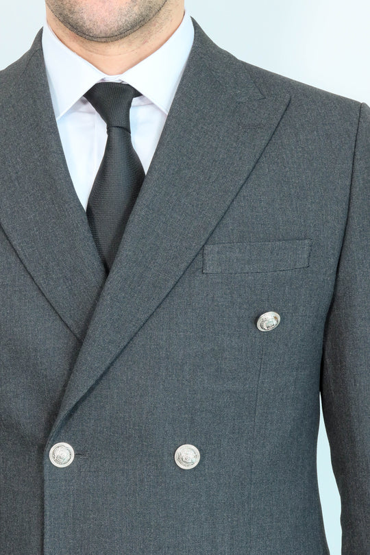 Men's Dark Grey Double-Breasted Suit with Silver Buttons
