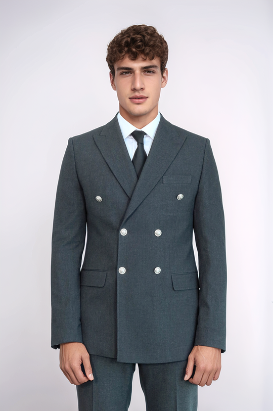 Men's Dark Grey Double-Breasted Suit with Silver Buttons