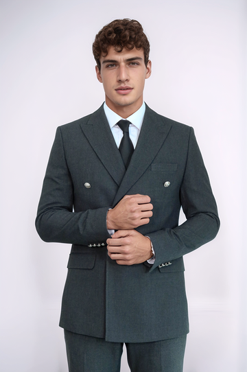 Men's Dark Grey Double-Breasted Suit with Silver Buttons