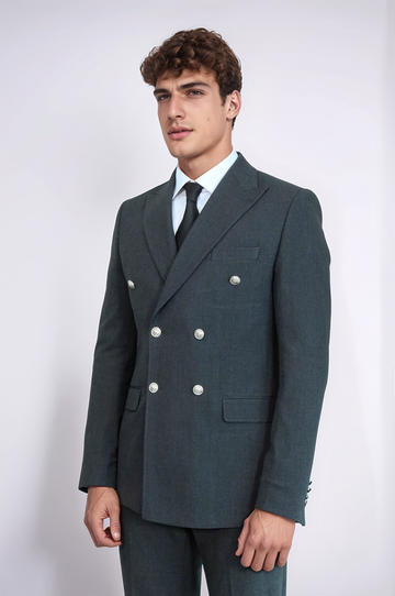 Men's Dark Grey Double-Breasted Suit with Silver Buttons