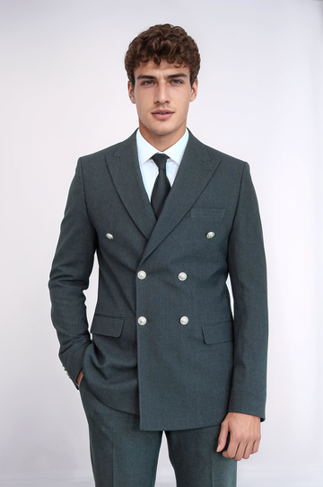 Men's Dark Grey Double-Breasted Suit with Silver Buttons