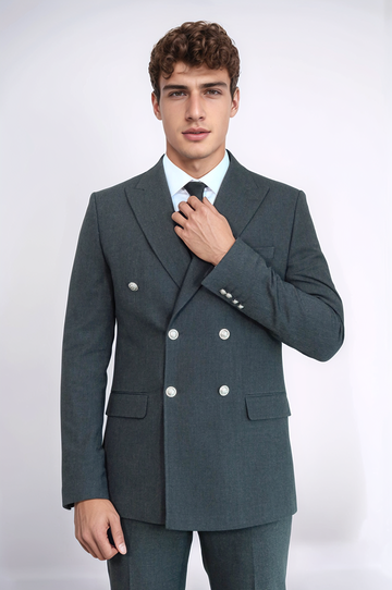 Men's Dark Grey Double-Breasted Suit with Silver Buttons