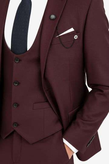 Men's Burgundy 3-Piece Slim Fit Suit with Tailored Waistcoat