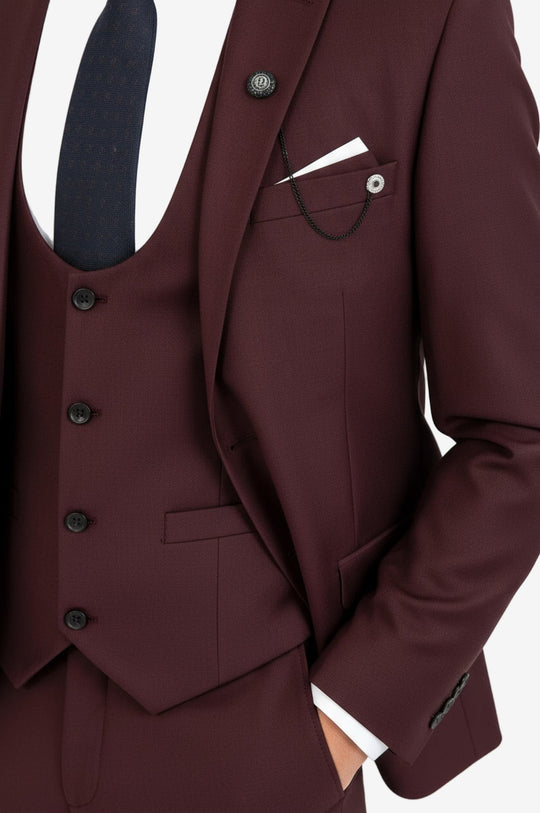 Men's Burgundy 3-Piece Slim Fit Suit with Tailored Waistcoat