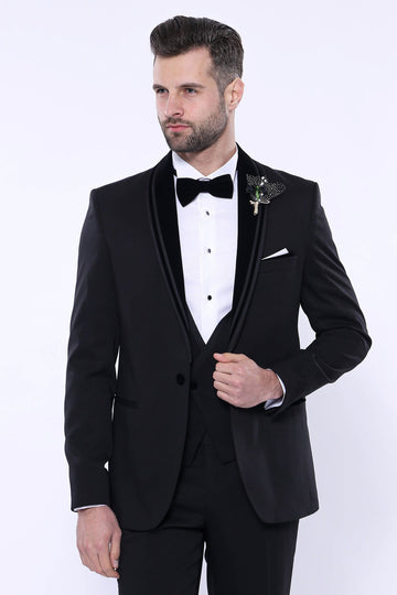 Men's Black 3-Piece Tuxedo with Detachable Velvet Shawl Lapel