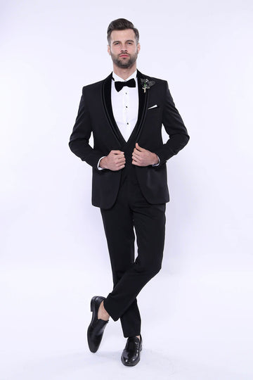 Men's Black 3-Piece Tuxedo with Detachable Velvet Shawl Lapel