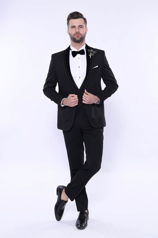 Men's Black 3-Piece Tuxedo with Detachable Velvet Shawl Lapel