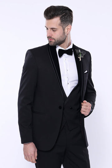 Men's Black 3-Piece Tuxedo with Detachable Velvet Shawl Lapel