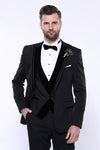 Men's Black 3-Piece Tuxedo with Patterned Velvet Shawl Lapel & Horseshoe Waistcoat