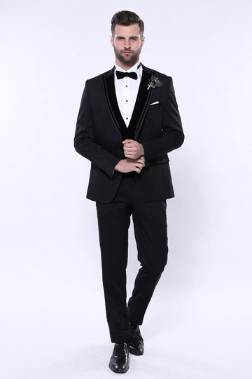 Men's Black 3-Piece Tuxedo with Patterned Velvet Shawl Lapel & Horseshoe Waistcoat