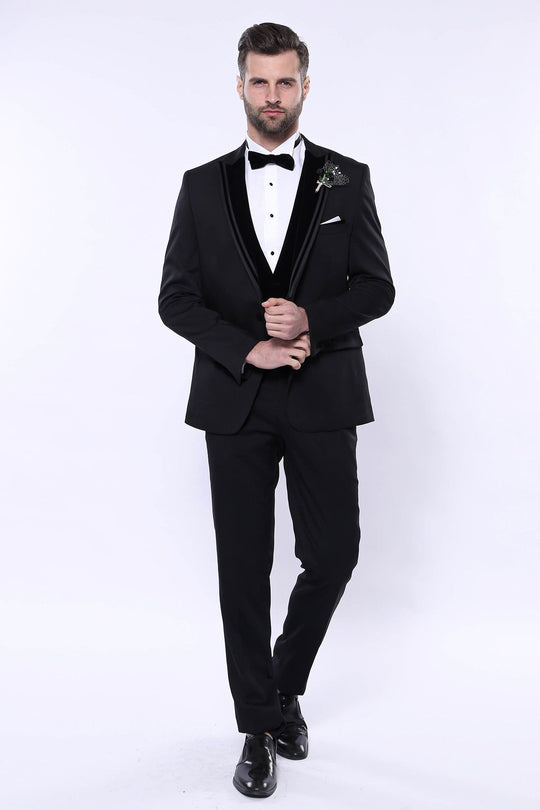 Men's Black 3-Piece Tuxedo with Patterned Velvet Shawl Lapel & Horseshoe Waistcoat