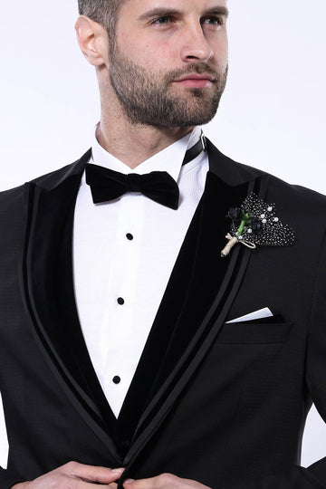 Men's Black 3-Piece Tuxedo with Patterned Velvet Shawl Lapel & Horseshoe Waistcoat