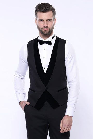 Men's Black 3-Piece Tuxedo with Patterned Velvet Shawl Lapel & Horseshoe Waistcoat