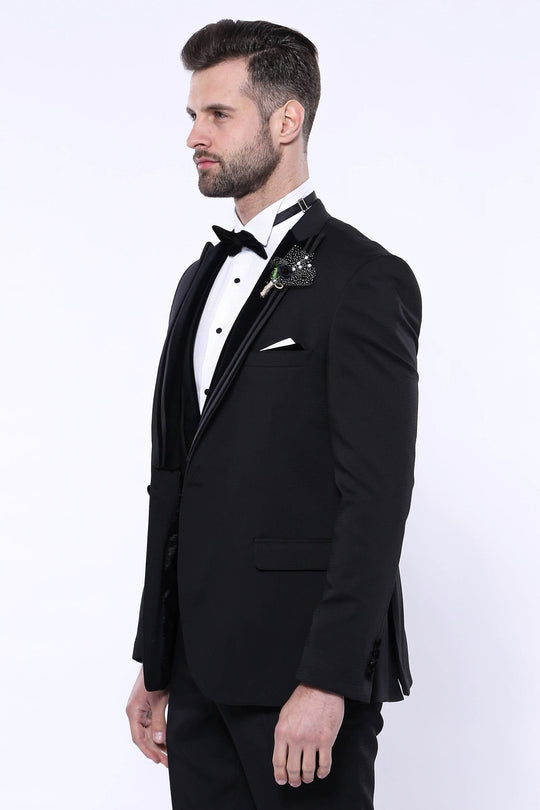 Men's Black 3-Piece Tuxedo with Patterned Velvet Shawl Lapel & Horseshoe Waistcoat