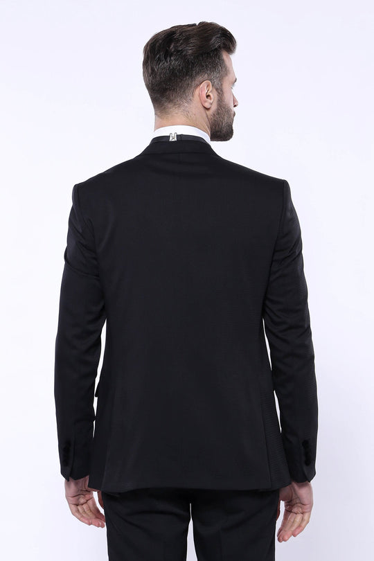 Men's Black 3-Piece Tuxedo with Patterned Velvet Shawl Lapel & Horseshoe Waistcoat