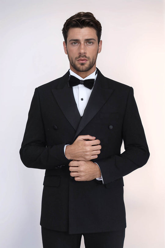 Men's Black Double-Breasted 2-Piece Tuxedo with Satin Lapel