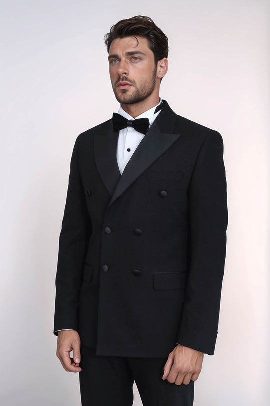 Men's Black Double-Breasted 2-Piece Tuxedo with Satin Lapel