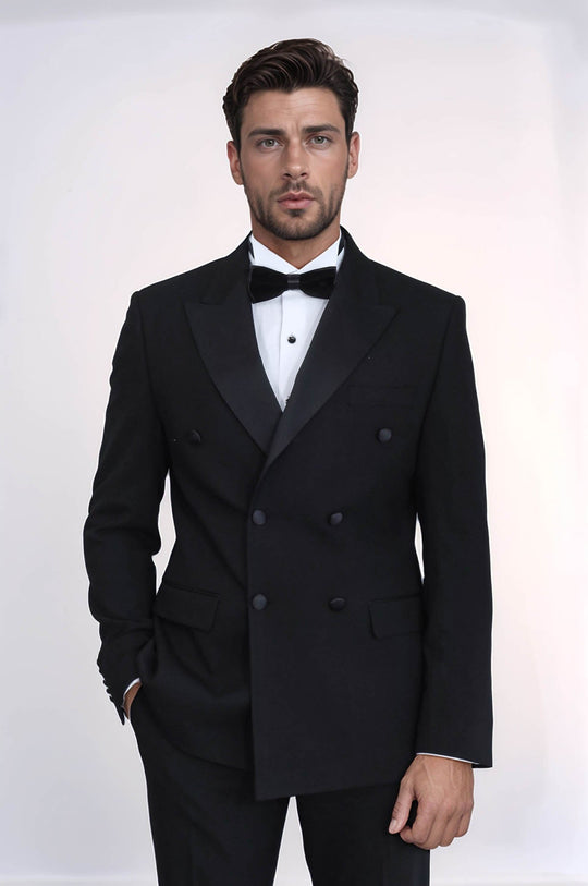 Men's Black Double-Breasted 2-Piece Tuxedo with Satin Lapel