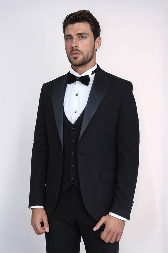 Men's Black 3-Piece Tuxedo with Satin Peak Lapel