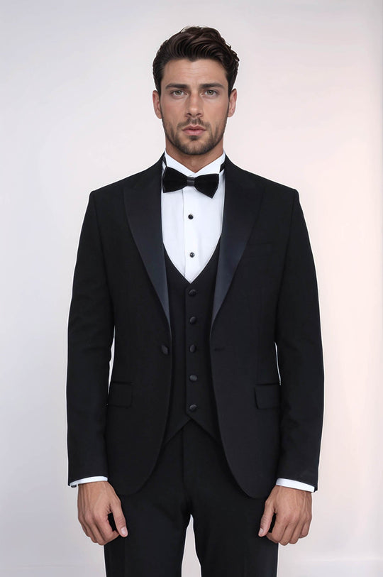 Men's Black 3-Piece Tuxedo with Satin Peak Lapel