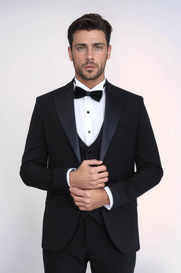 Men's Black 3-Piece Tuxedo with Satin Peak Lapel