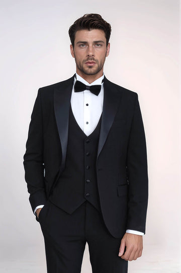Men's Black 3-Piece Tuxedo with Satin Peak Lapel
