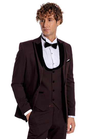 Men's Deep Burgundy Micro-Patterned 3-Piece Slim Fit Tuxedo with Velvet Shawl Lapel