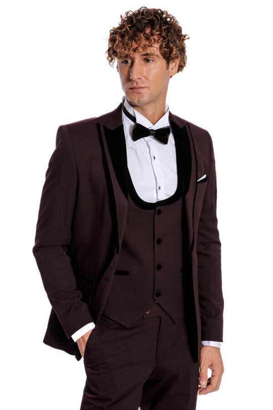 Men's Deep Burgundy Micro-Patterned 3-Piece Slim Fit Tuxedo with Velvet Shawl Lapel