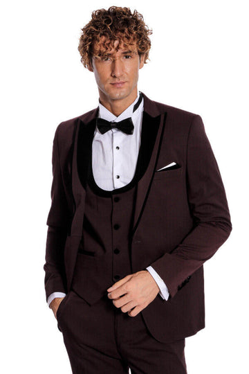 Men's Deep Burgundy Micro-Patterned 3-Piece Slim Fit Tuxedo with Velvet Shawl Lapel