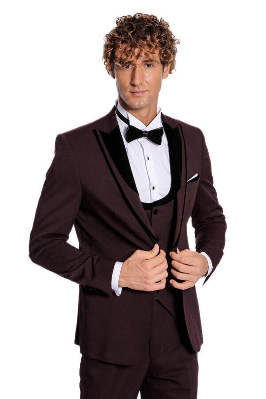 Men's Deep Burgundy Micro-Patterned 3-Piece Slim Fit Tuxedo with Velvet Shawl Lapel