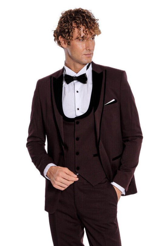 Men's Deep Burgundy Micro-Patterned 3-Piece Slim Fit Tuxedo with Velvet Shawl Lapel