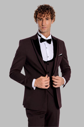 Men's Deep Burgundy Micro-Patterned 3-Piece Slim Fit Tuxedo with Velvet Shawl Lapel
