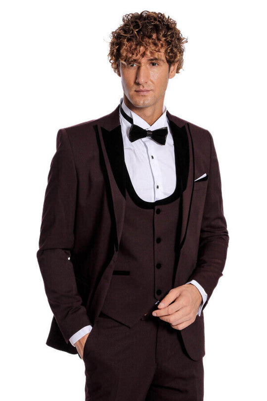 Men's Deep Burgundy Micro-Patterned 3-Piece Slim Fit Tuxedo with Velvet Shawl Lapel