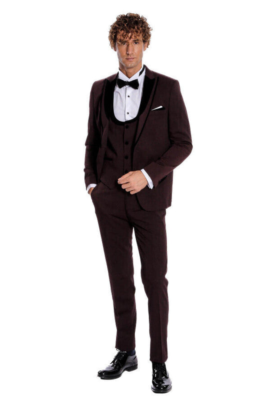 Men's Deep Burgundy Micro-Patterned 3-Piece Slim Fit Tuxedo with Velvet Shawl Lapel