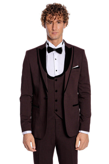 Men's Deep Burgundy Micro-Patterned 3-Piece Slim Fit Tuxedo with Velvet Shawl Lapel