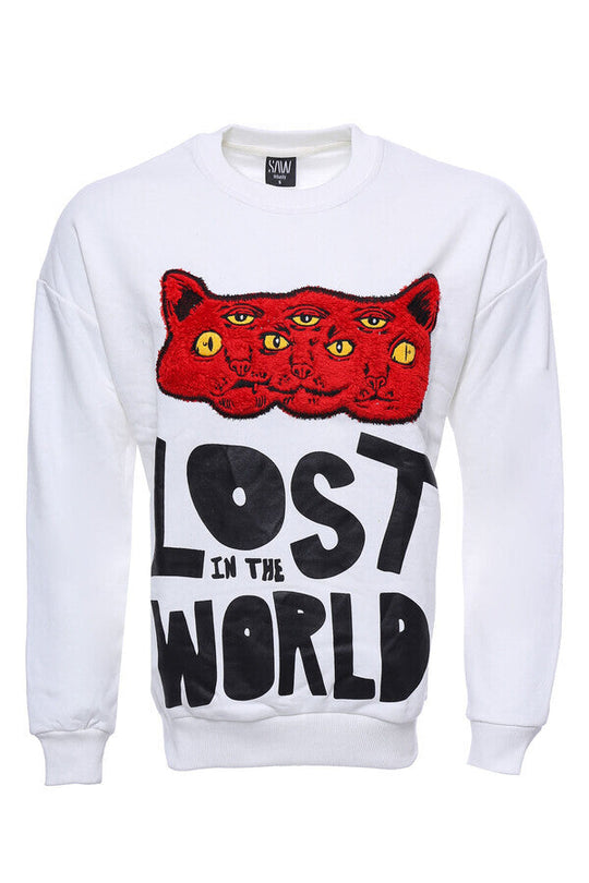 White Slim Fit Cat Printed Circle Neck Sweatshirt | Wessi
