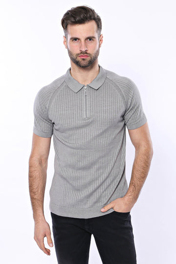 Polo Zippered Patterned Grey Knitted T-Shirt | Wessi