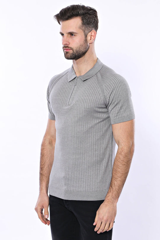 Polo Zippered Patterned Grey Knitted T-Shirt | Wessi