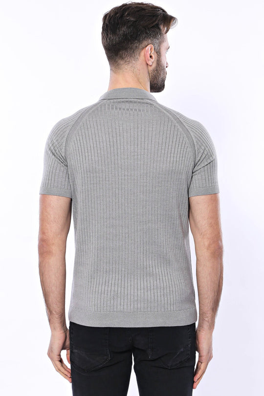 Polo Zippered Patterned Grey Knitted T-Shirt | Wessi