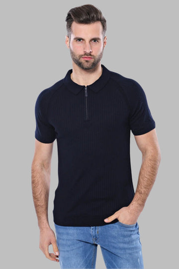 Polo Zippered Patterned Knitted Navy Blue Men T-Shirt | Wessi