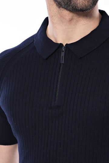 Patterned Tricot Knitted Navy Blue Men T-Shirt | Wessi