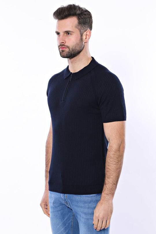 Polo Zippered Patterned Knitted Navy Blue Men T-Shirt | Wessi