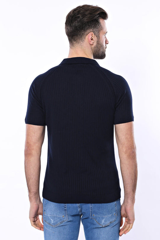 Polo Zippered Patterned Knitted Navy Blue Men T-Shirt | Wessi