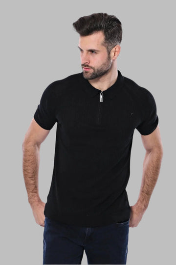 Polo Zippered Patterned Black Knitted T-Shirt | Wessi